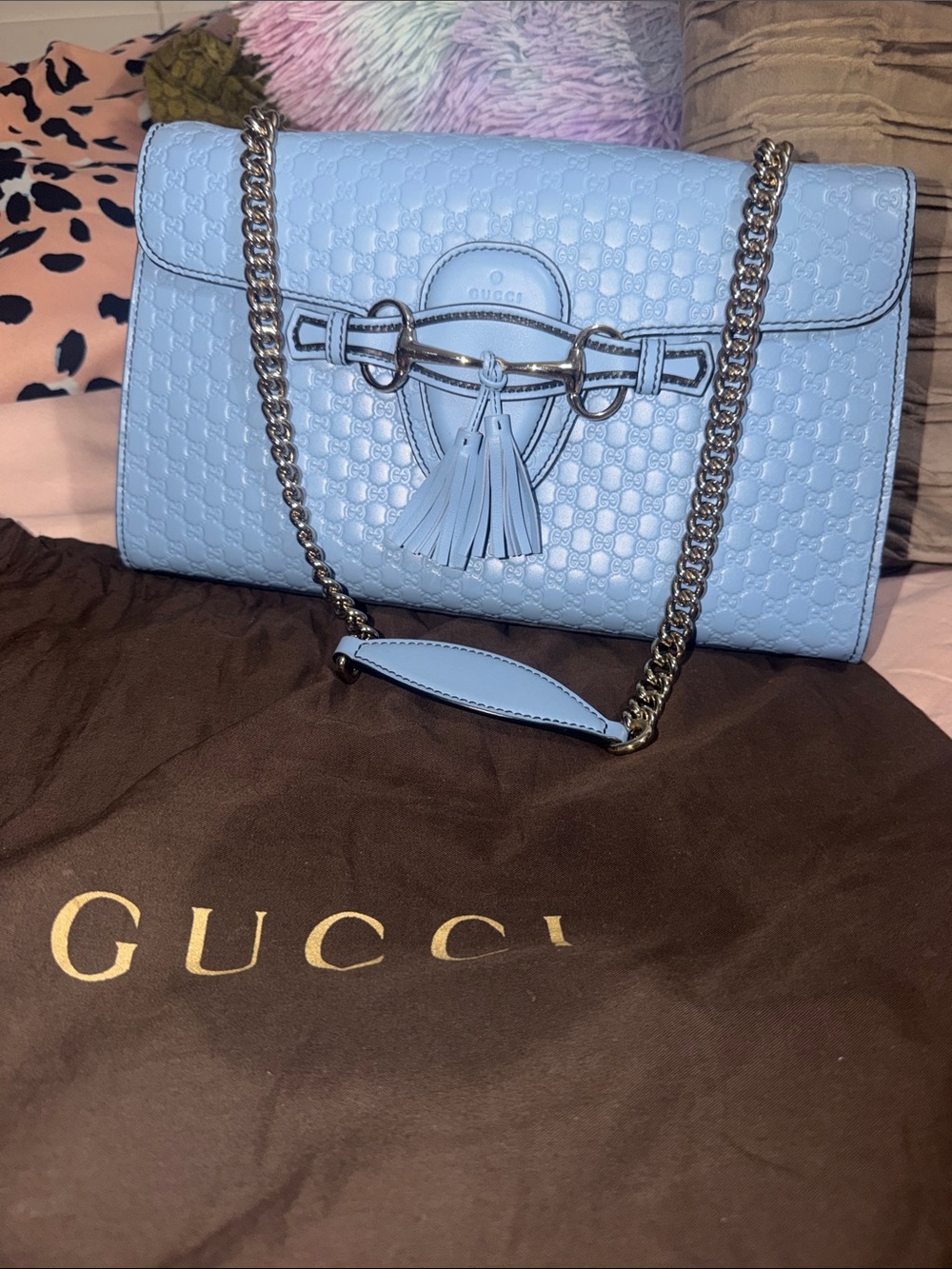Gucci Light Blue Leather Chain Shoulder Bag with Tassel